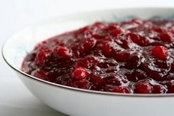 cranberry sauce in an enamel dish.