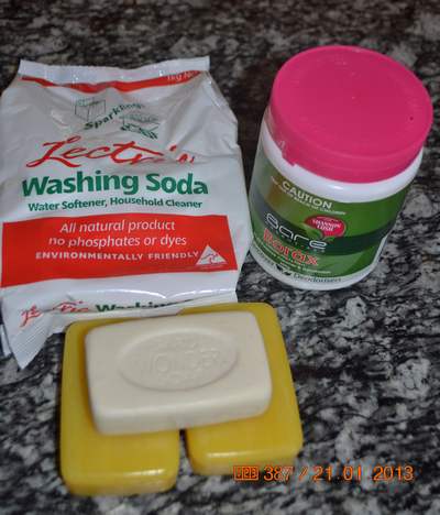 All the ingredients needed to make homemade laundry detergent.