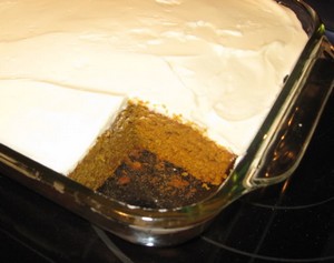 Pumpkin cake with cream cheese frosting.