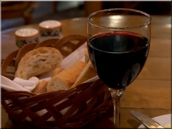 Glasses of French wine with bread