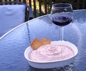 smoked salmon dip with a glass of red wine