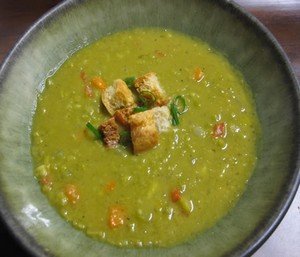 Amish Dutch split pea soup with croutons in a bowl