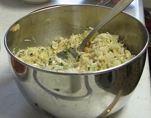 Amish coleslaw in a stainless steel bowl