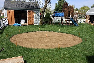 Adding coarse sand to the patio area.