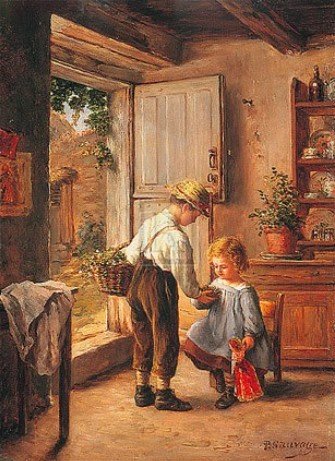 2 children in a traditional country kitchen.