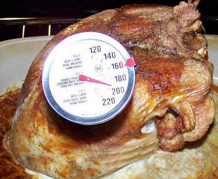 A cooking thermometer in the turkey to test if it is cooked.