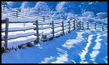 A winter scene with snow and a farm fence