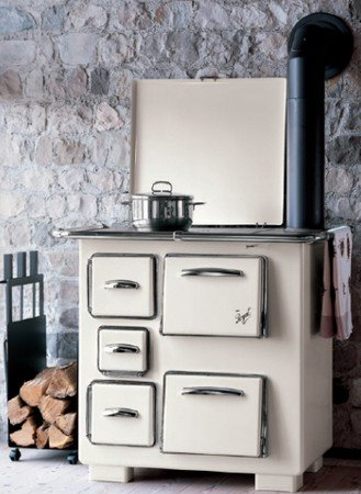 a woodstove against a stone wall with a wood pile on the floor